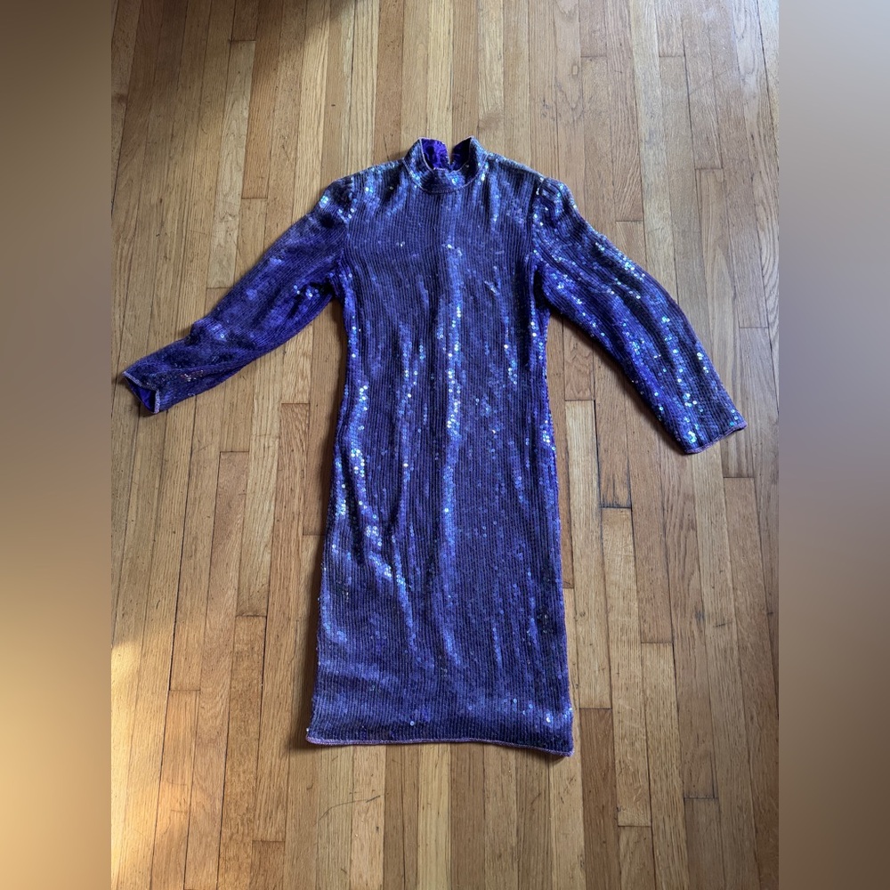 80s Vintage Purple Sequin Long Sleeve Dress - Picture 7 of 12